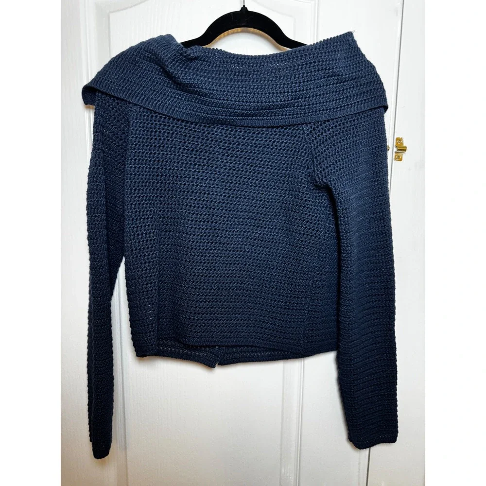 Commense Navy Blue Crochet Knit Asymmetrical Button Off Shoulder Cardiga
